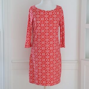 Gretchen Scott Designs Red Orange Geometric Shift Dress Small Stretch 3/4 Sleeve